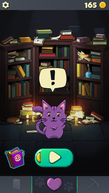 Home screen, Solomeow's library filled with spellbooks and candles